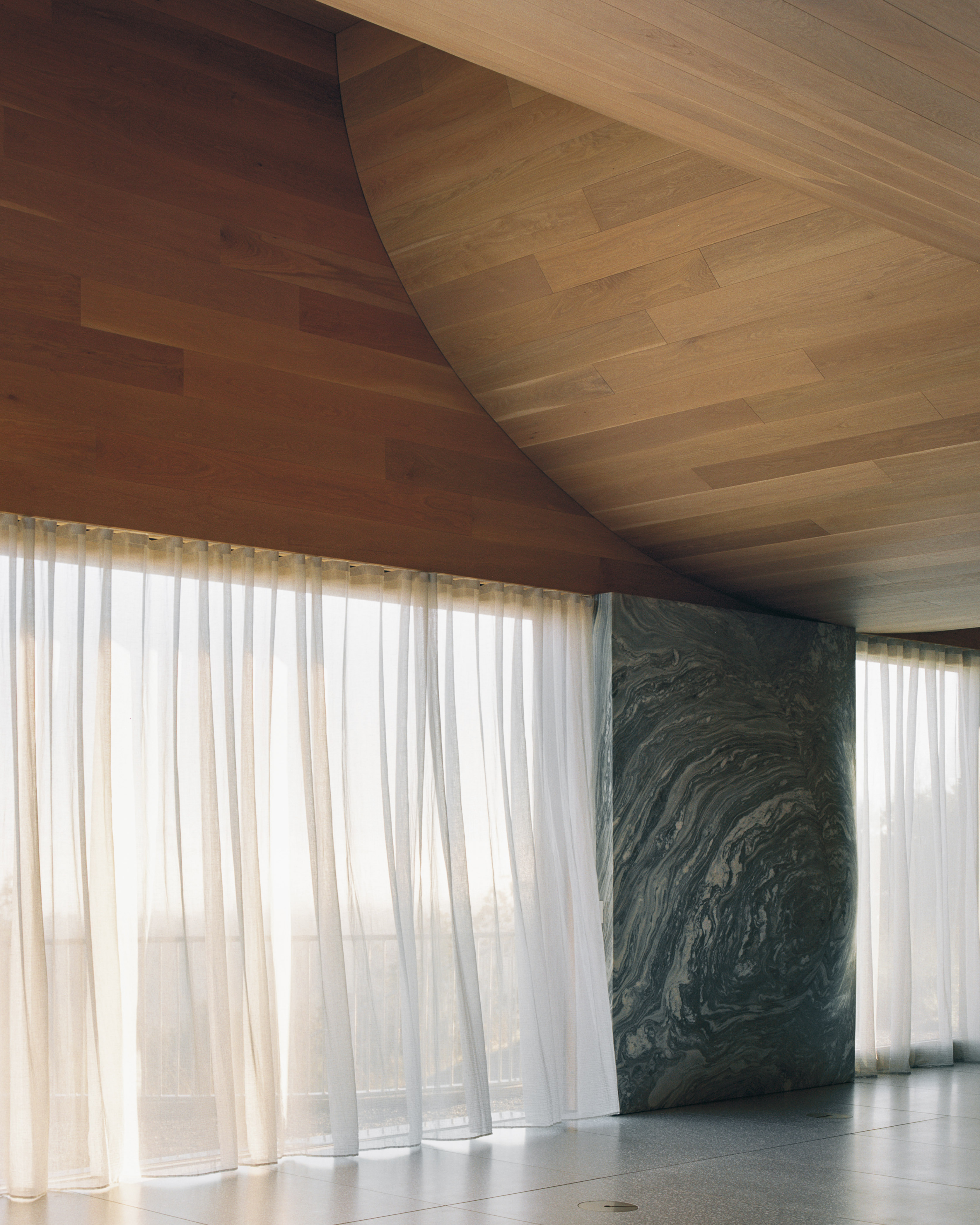 The vaulted wooden ceiling at first floor level