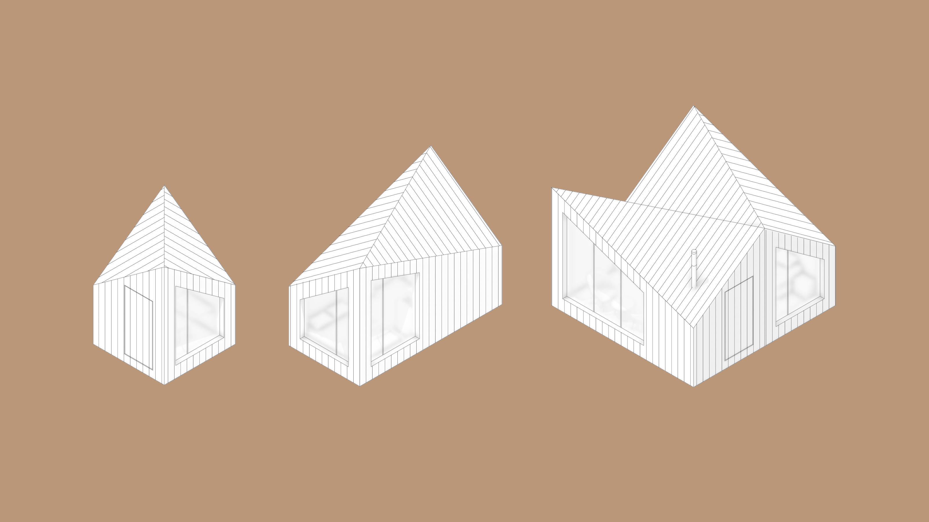 From left, the Small, Medium and Large Niwa Cabin designs from Koto