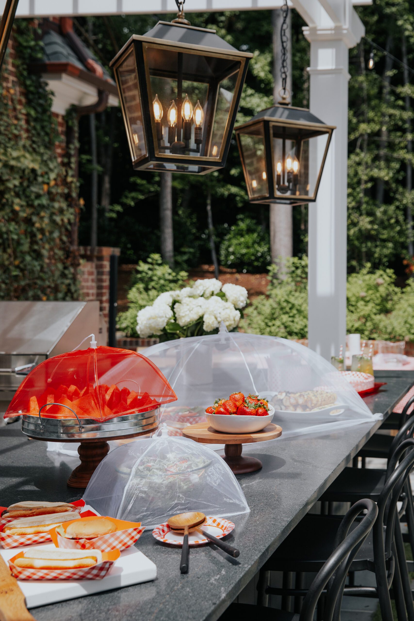 Mesh domes over outdoor kitchen platters on the island