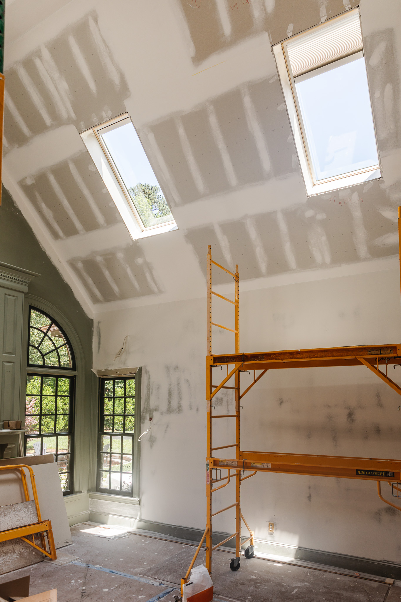 Living room under construction with new skylights