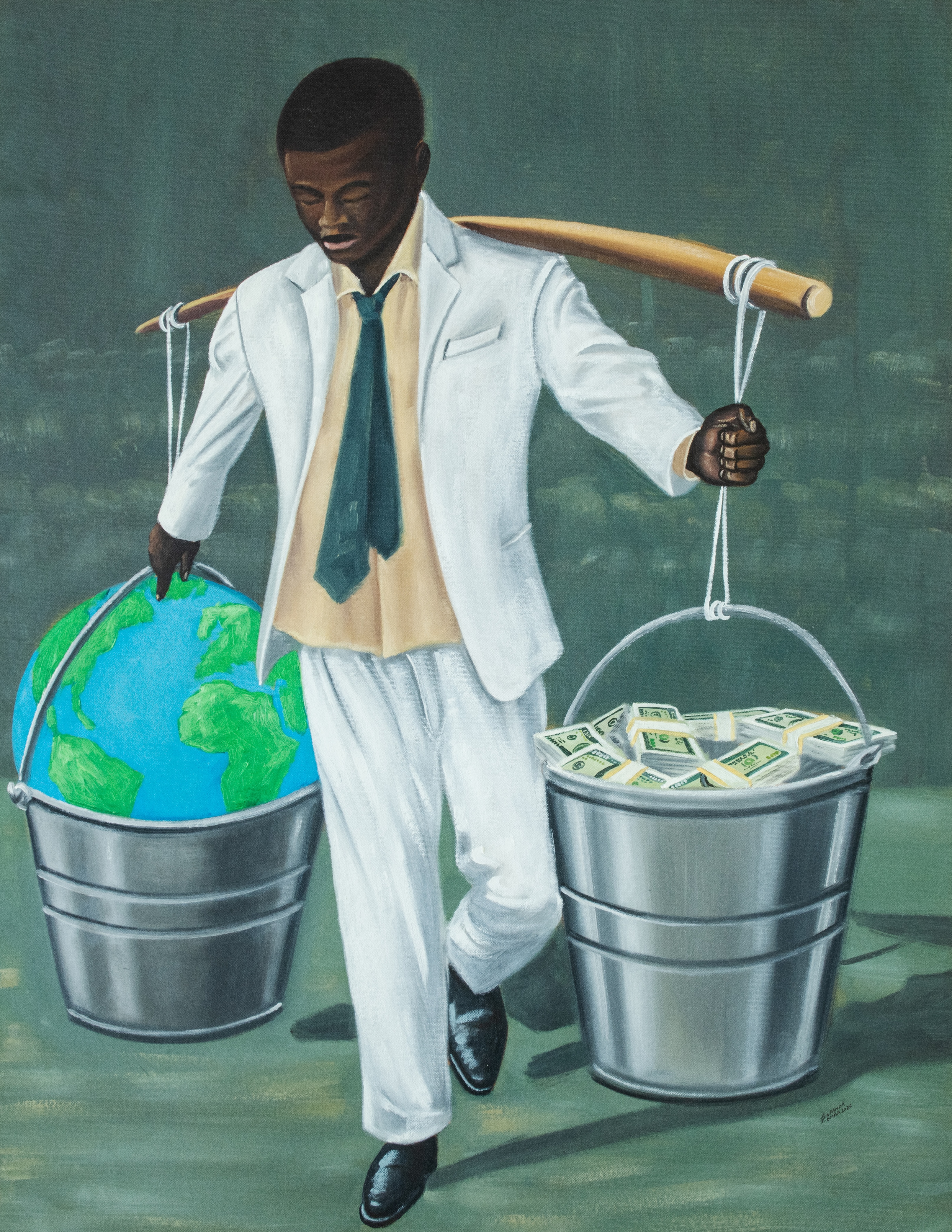 painting by Zumba Luzamba of man in white suit carrying buckets, one containing a globe, the other bank notes