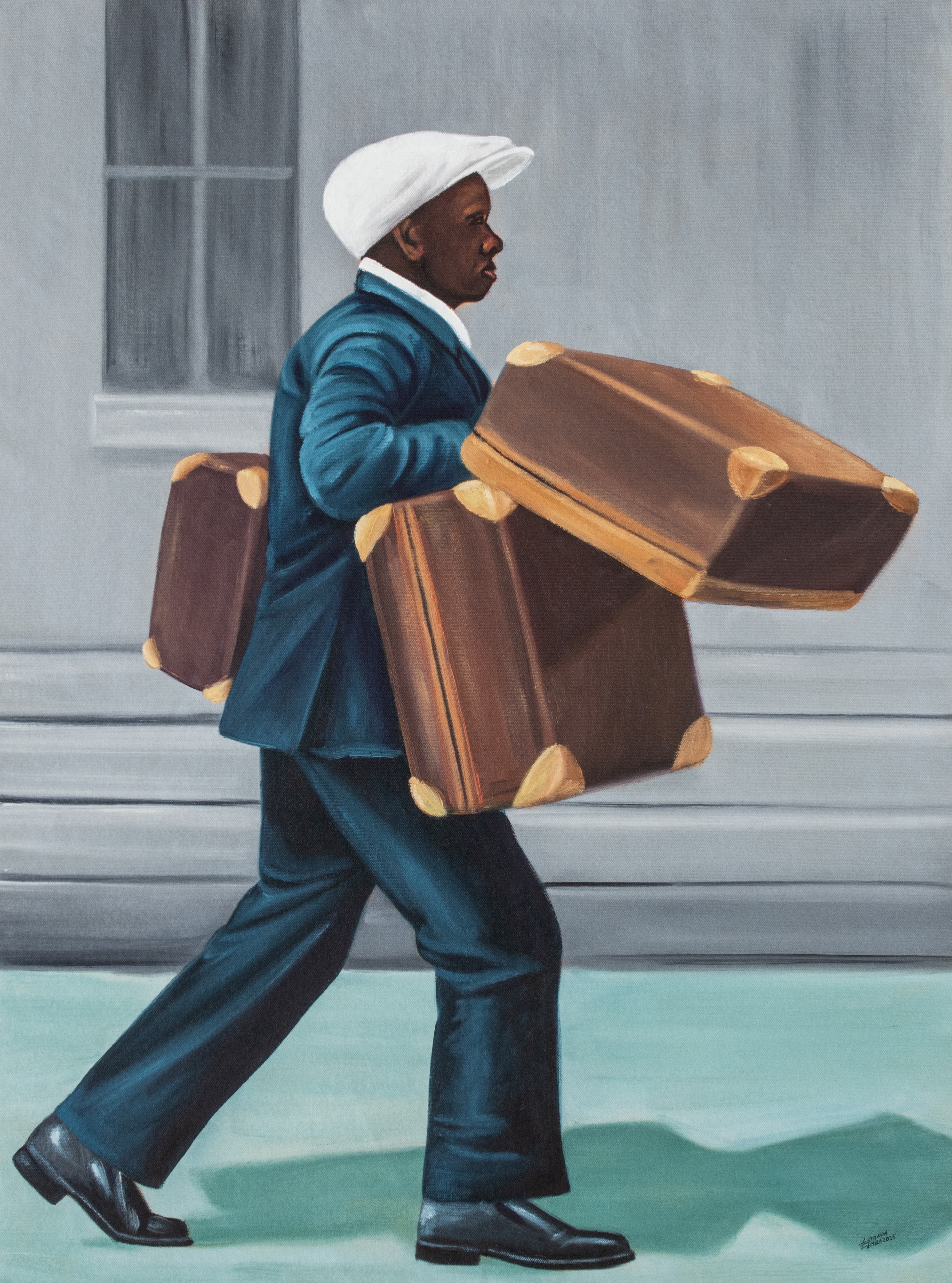 painting by Zemba Luzamba of man in suit carrying suitcases