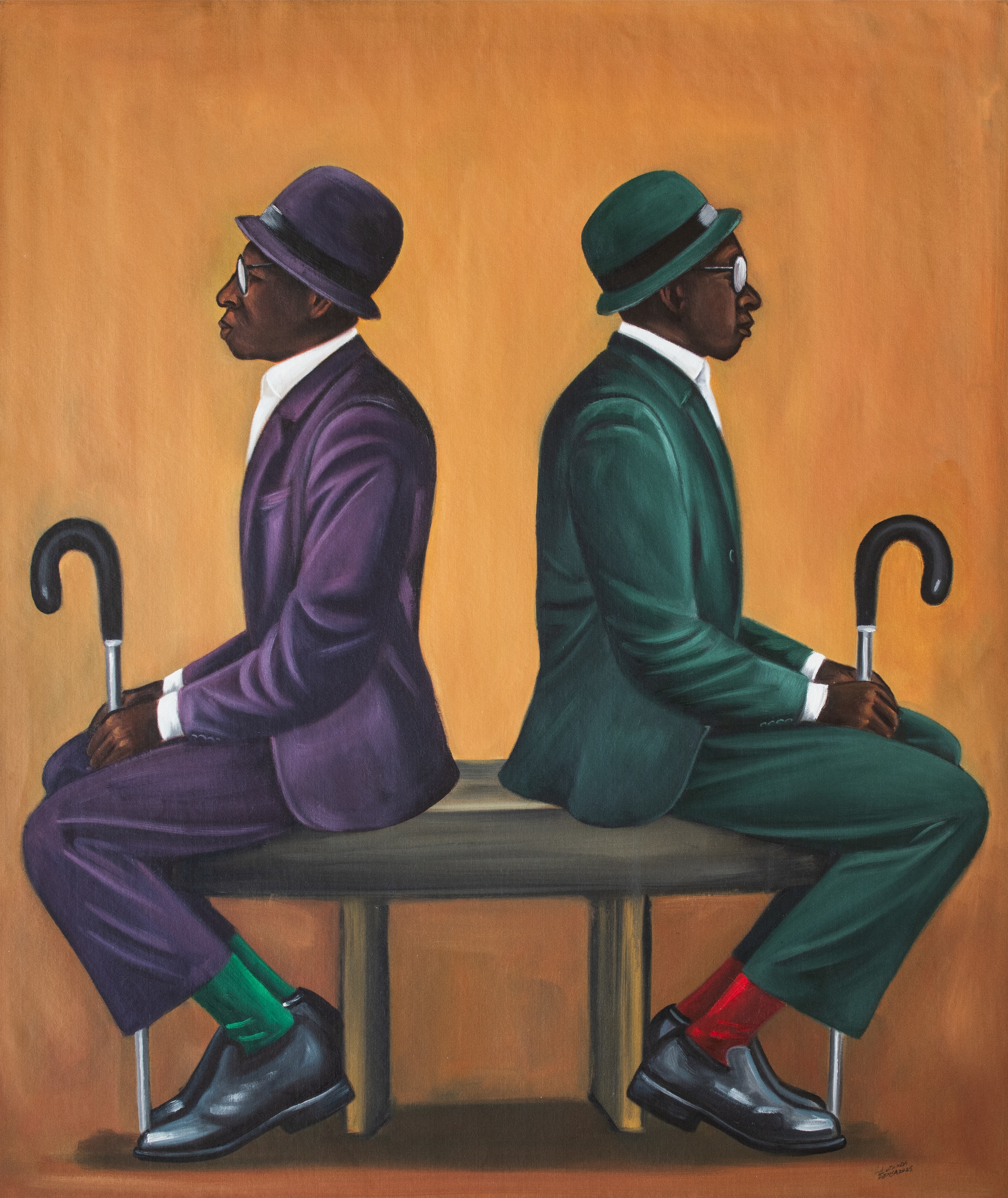 painting by Zemba Luzamba of two well dressed men in suits and hats, holding umbrellas, seated back to back