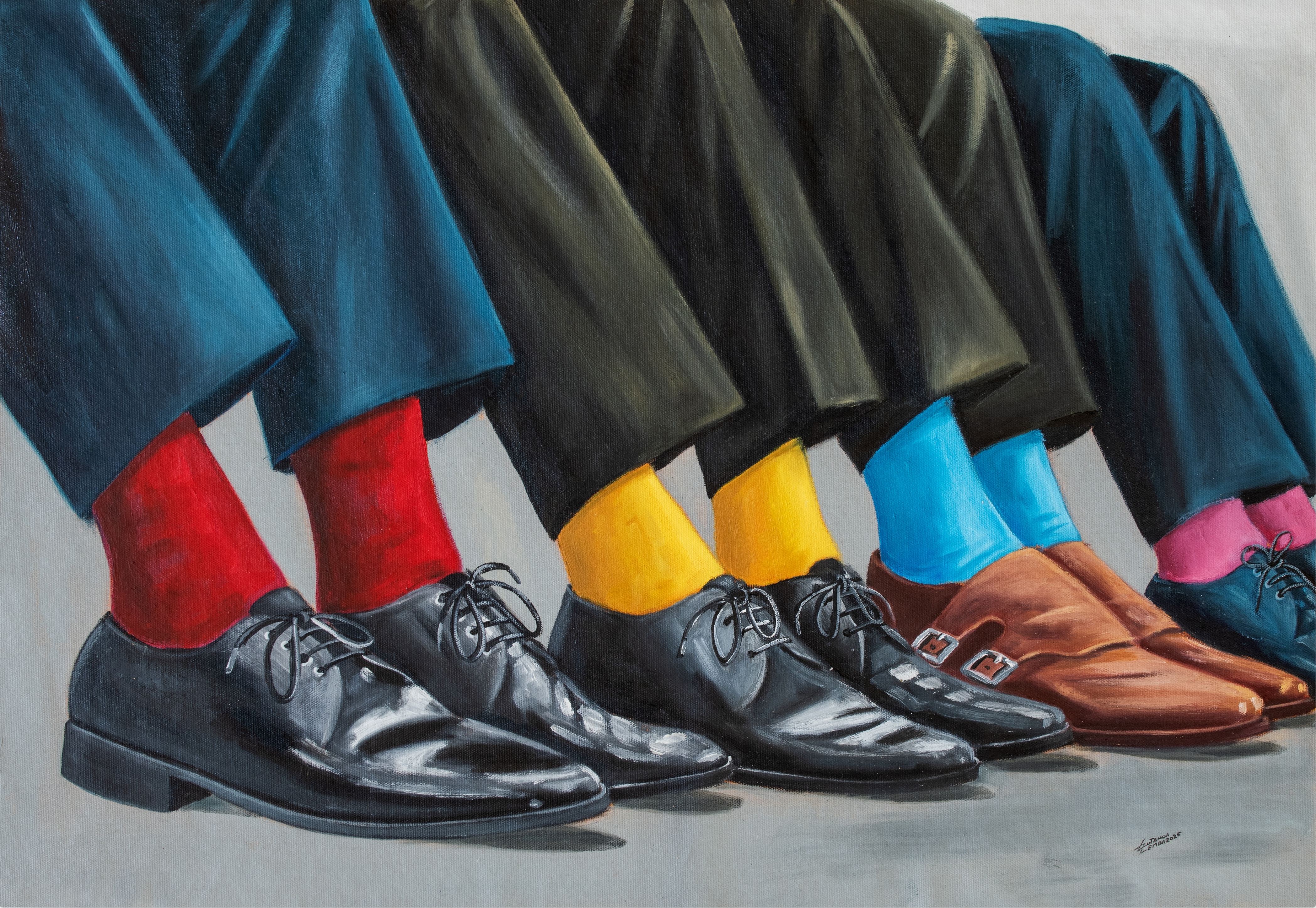painting by Zemba Luzamba of a row of men's feet in smart shoes and bright socks