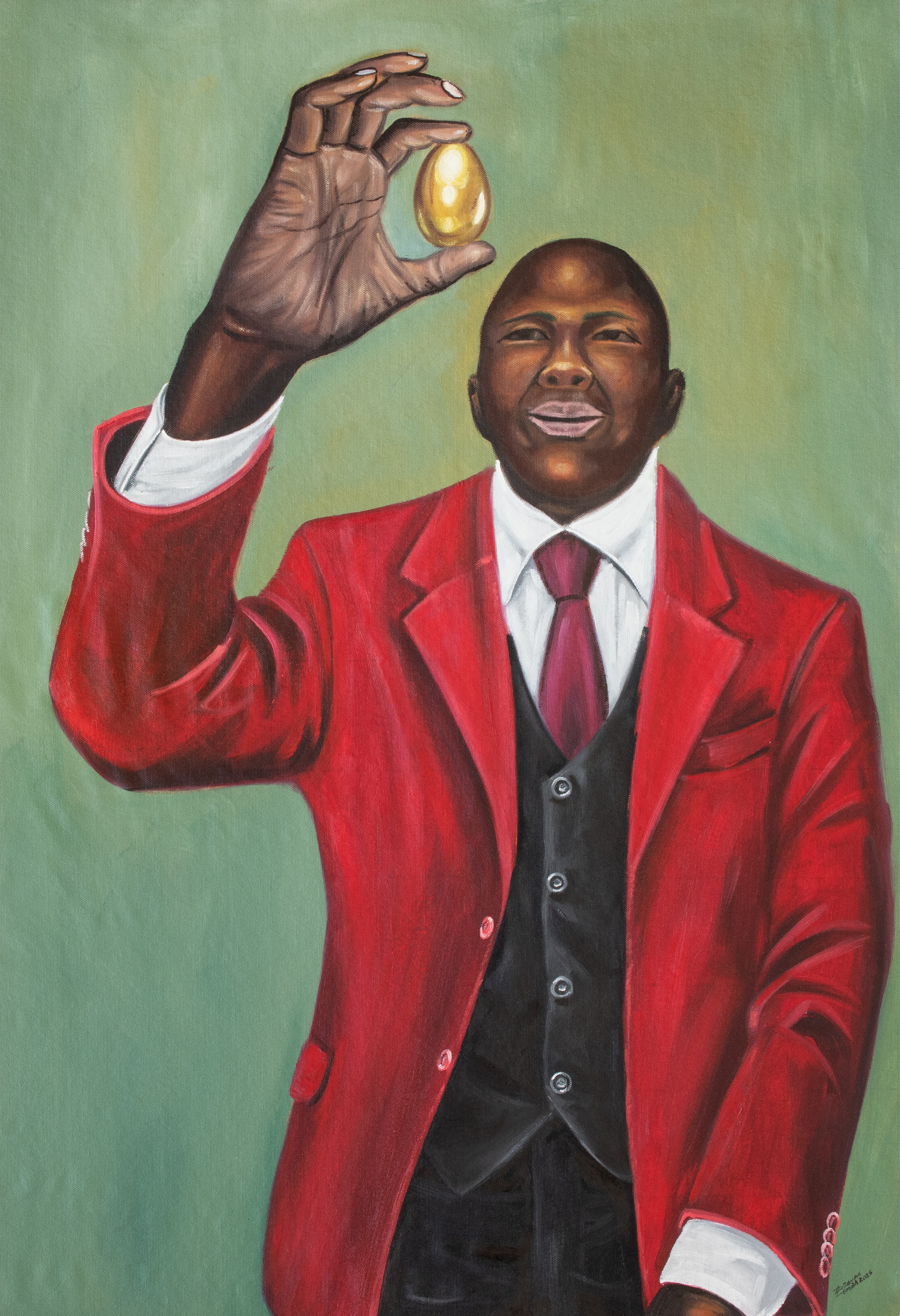 painting by Zumba Luzamba of man in suit holding a golden egg