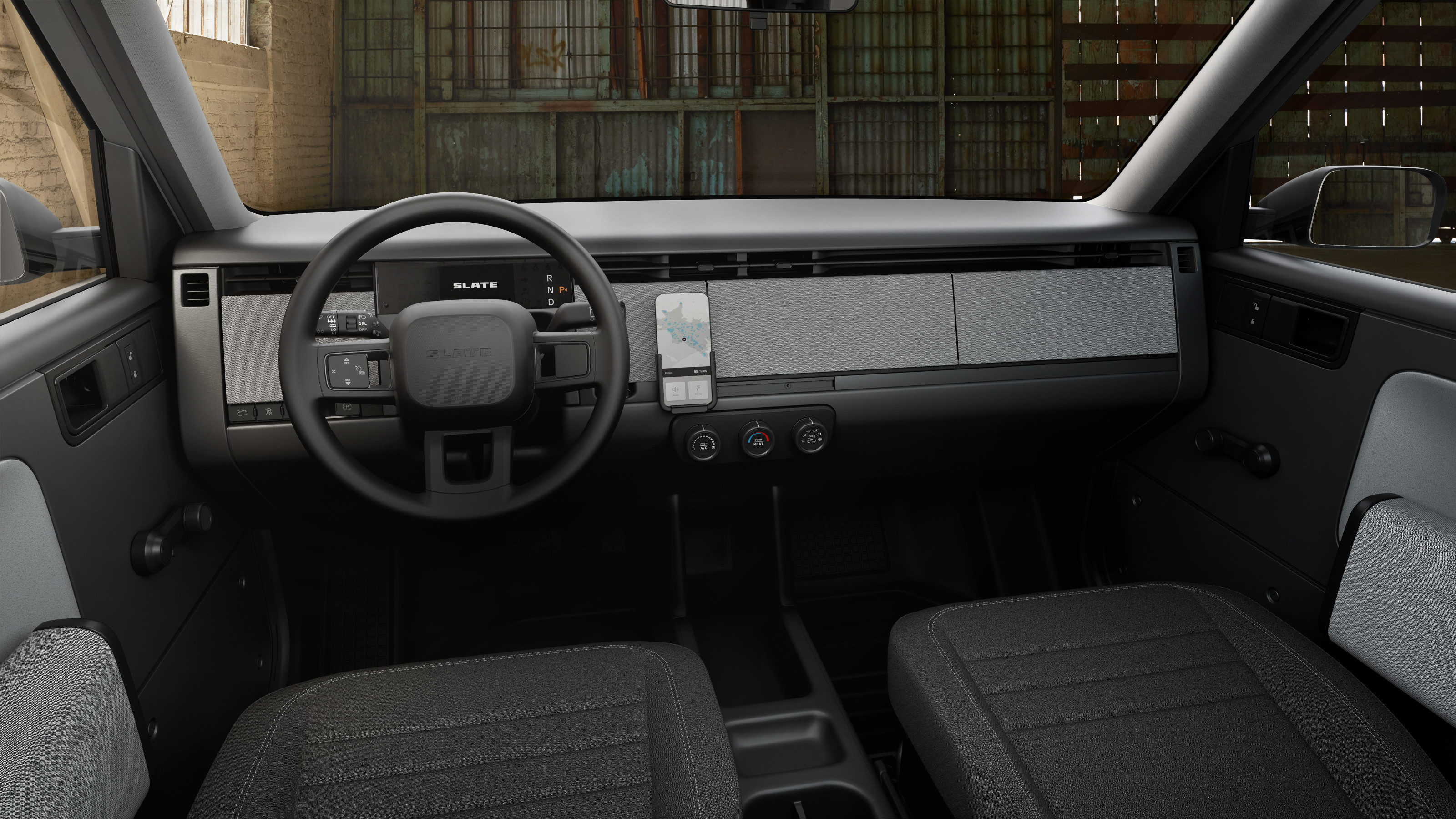 The interior of the Slate truck is stripped down and simple