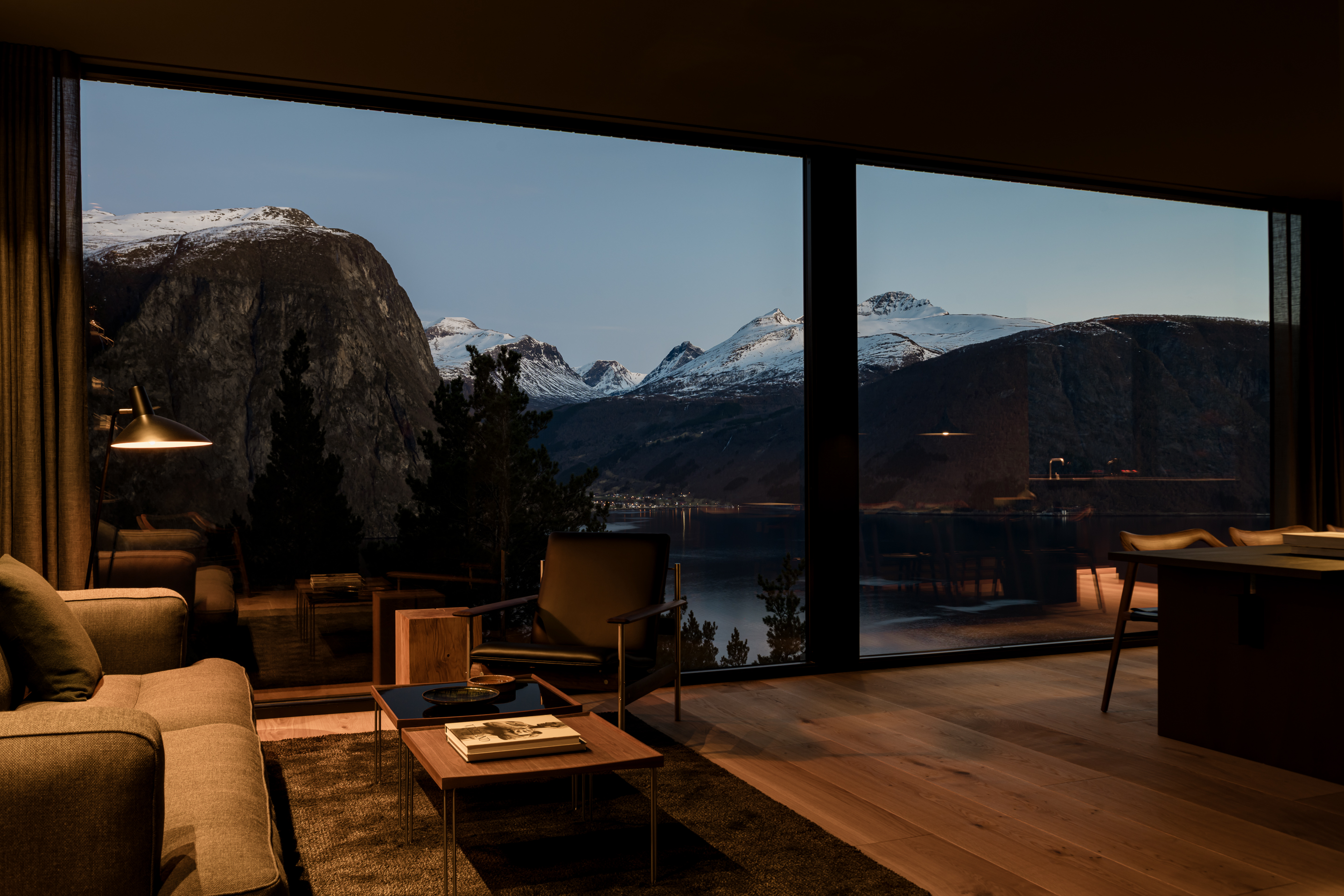 The view over the fjord at dusk