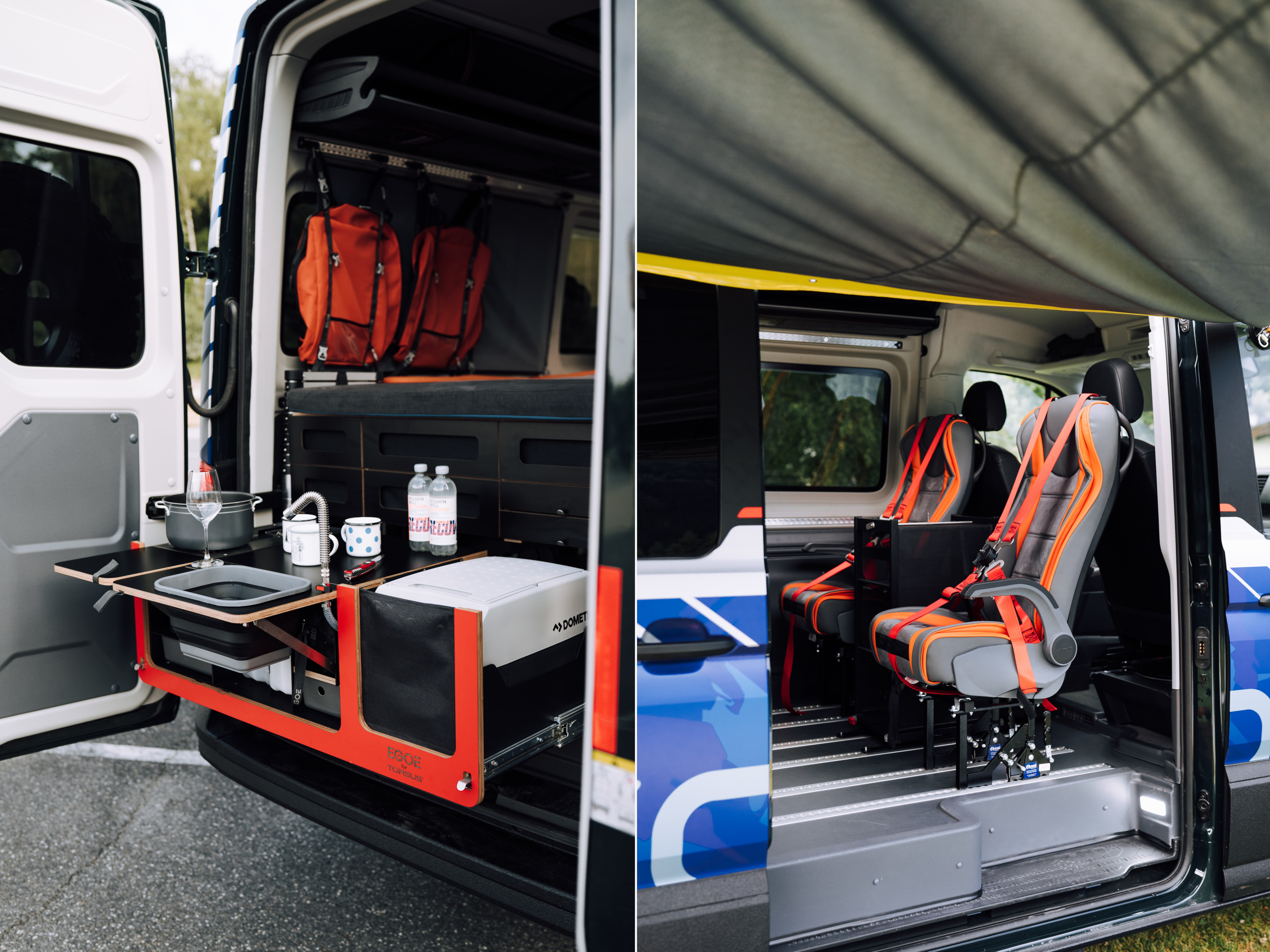 A slide-out galley kitchen at the rear of the Torsus Terrastorm (left) along with the passenger seats (right)