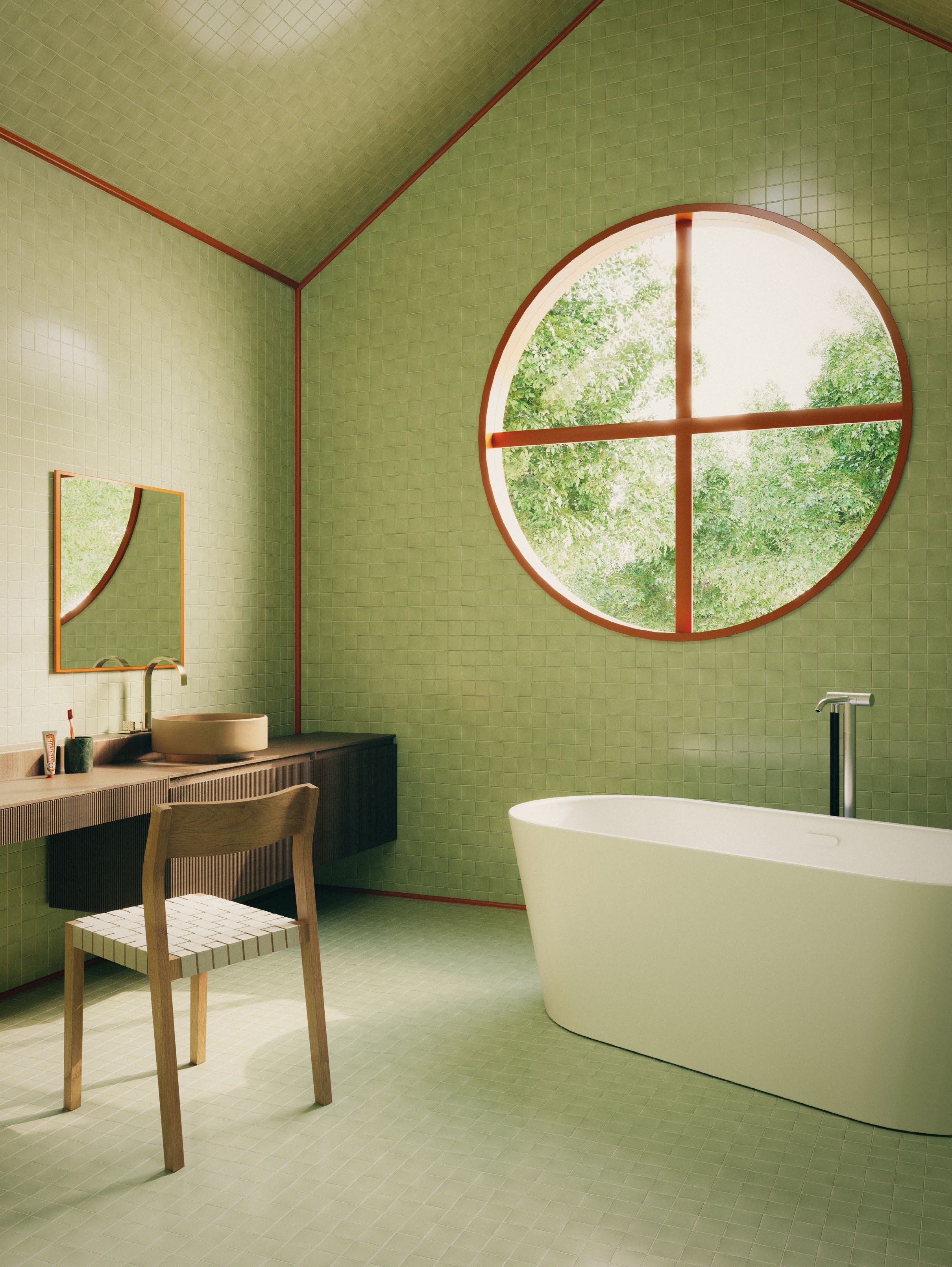 ‘Plissé’ unit, price on request, by Bizzarri Design, for Artelinea. ‘Sit’ chair, €595, by Catharina Lorenz, for Zeitraum. Cinnamon mint toothpaste, £7.50, by Marvis. Toothbrush holder, €45, by Stoned. ‘Colour Frame’ mirror in Rosehip, €214, by Peter J Lassen, for Montana. ‘Balcoon’ washbasin, £168, by Patricia Urquiola, for Duravit. ‘MEM’ washbasin mixer in Durabrass, £6,101, by Sieger Design, for Dornbracht. ‘Meisterstück’ bath, £8,750, by Kaldewei. ‘Hum’ freestanding bath mixer, from €2,080, by Philippe Malouin, for Quadro Design. ‘Field’ tiles in Khaki Green, €324 per sq m, by New Terracotta