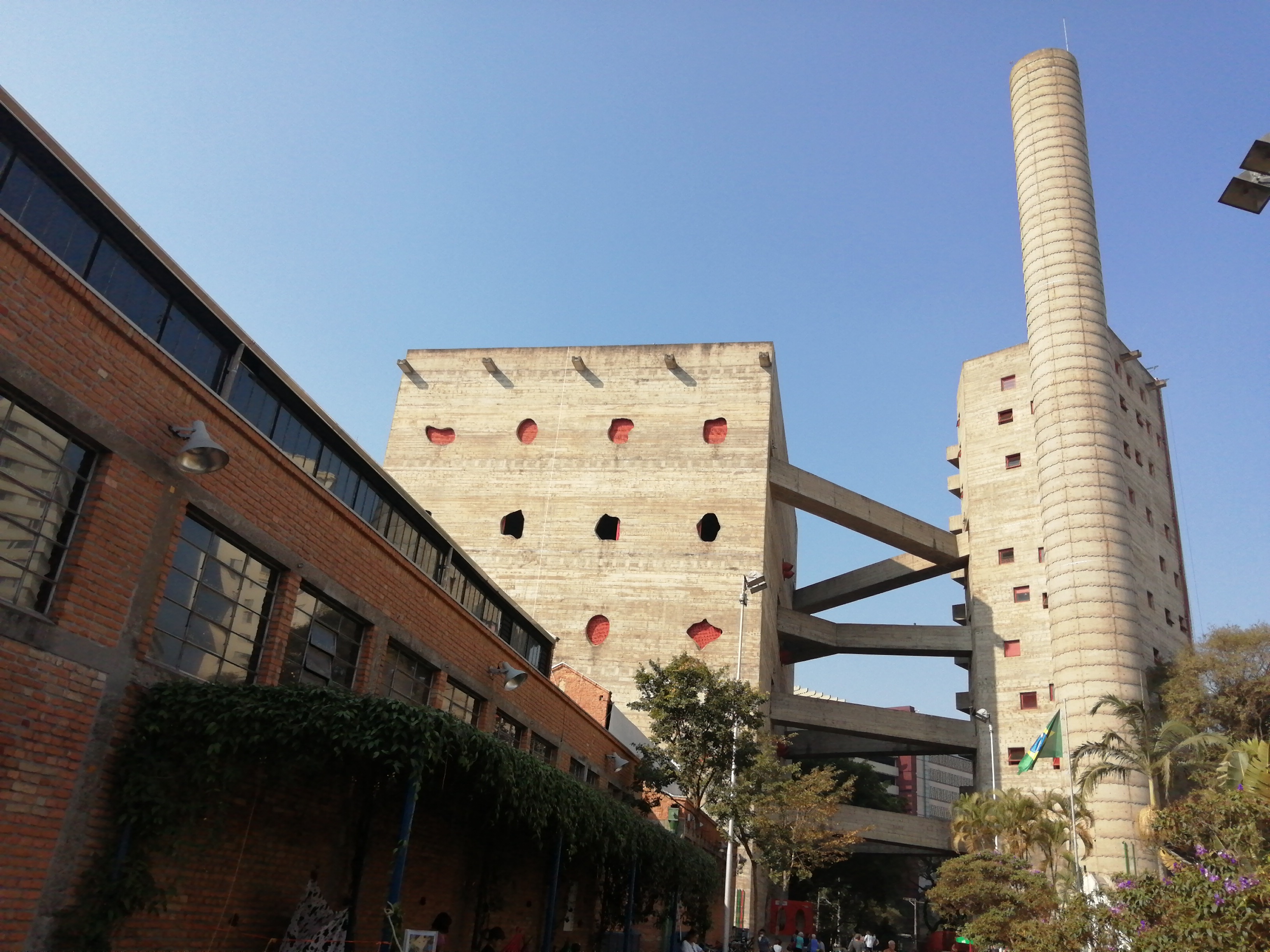 sesc pompeia view of the tower, concrete bridges and chimney