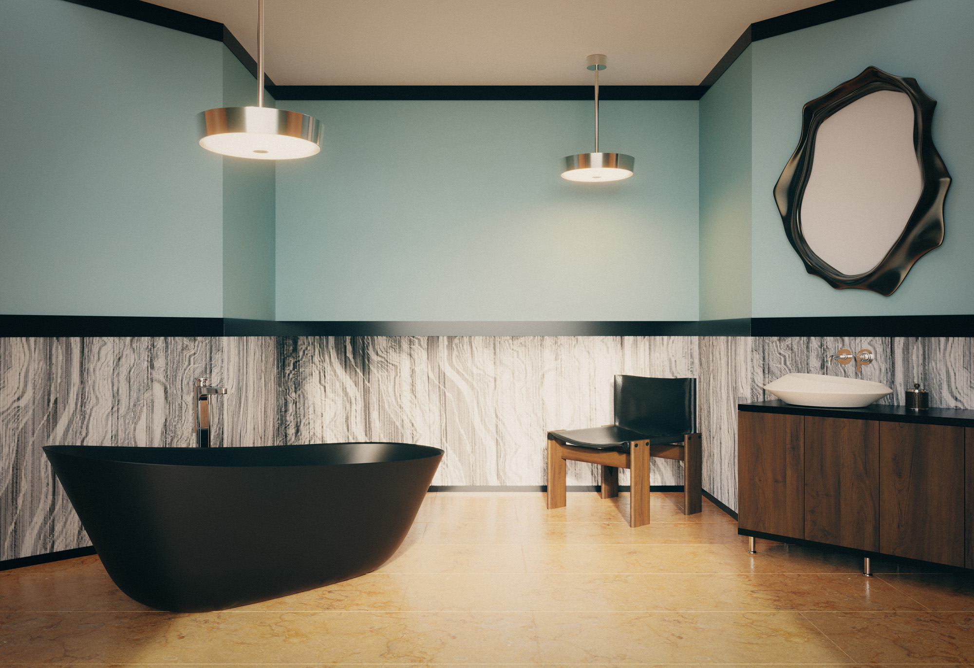 Bathroom with black bathtub and marble on walls and floors