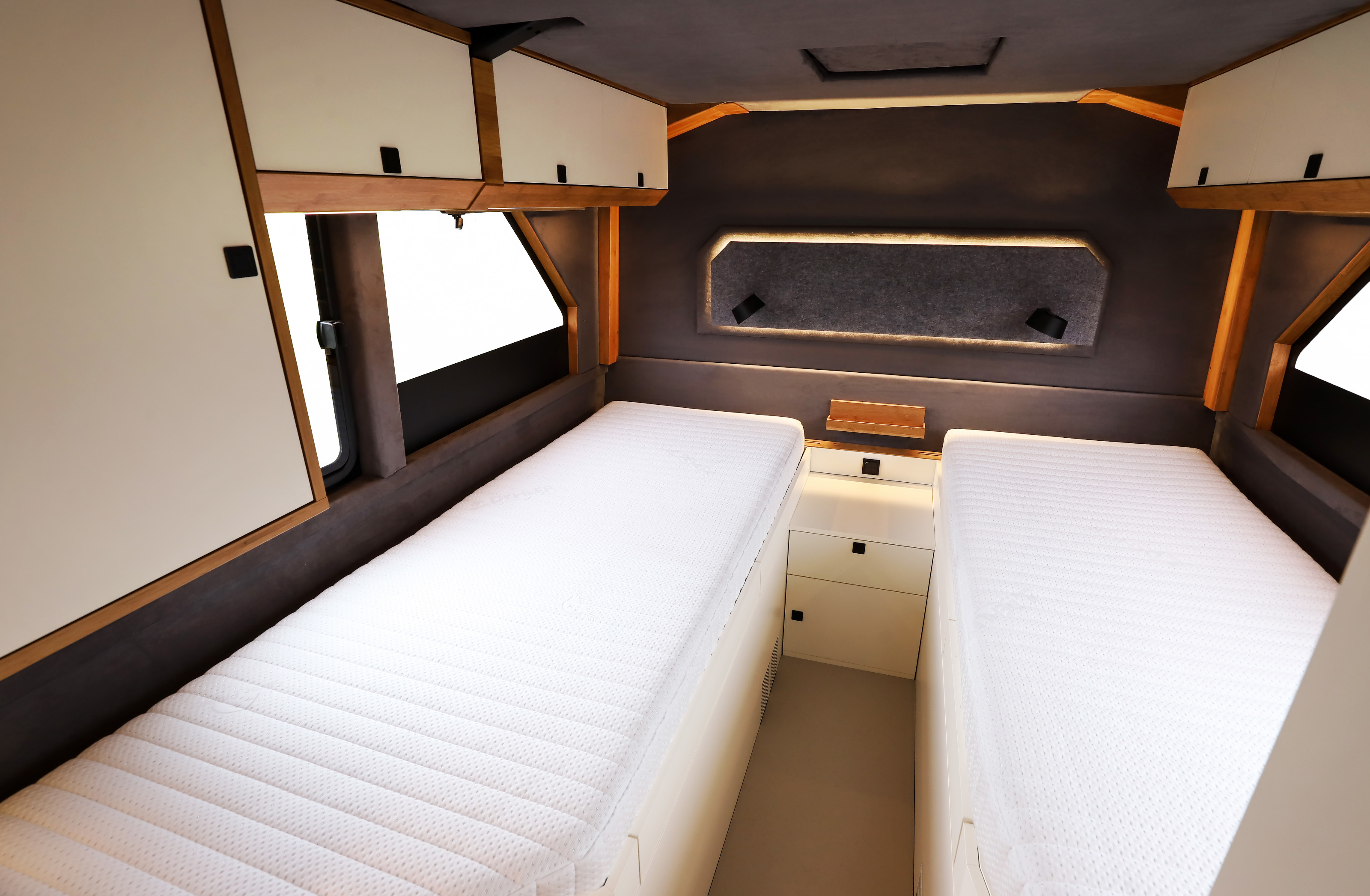 Twin beds at the rear of the Praetorian Liberra camper