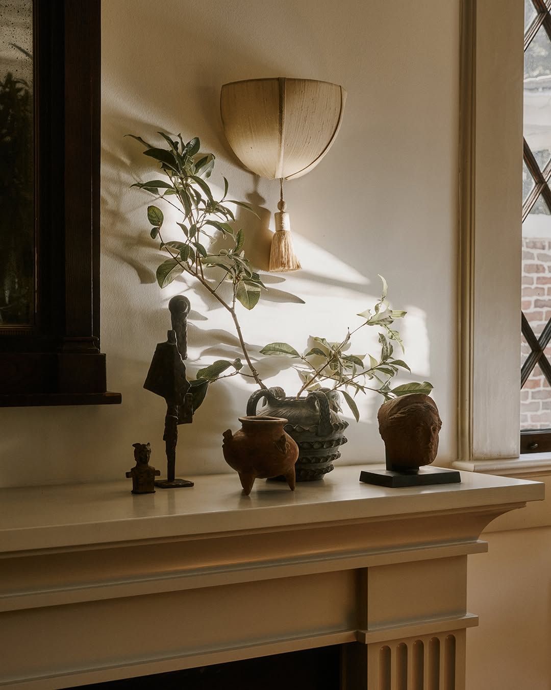 Lantern with off-white silk shade and tassel