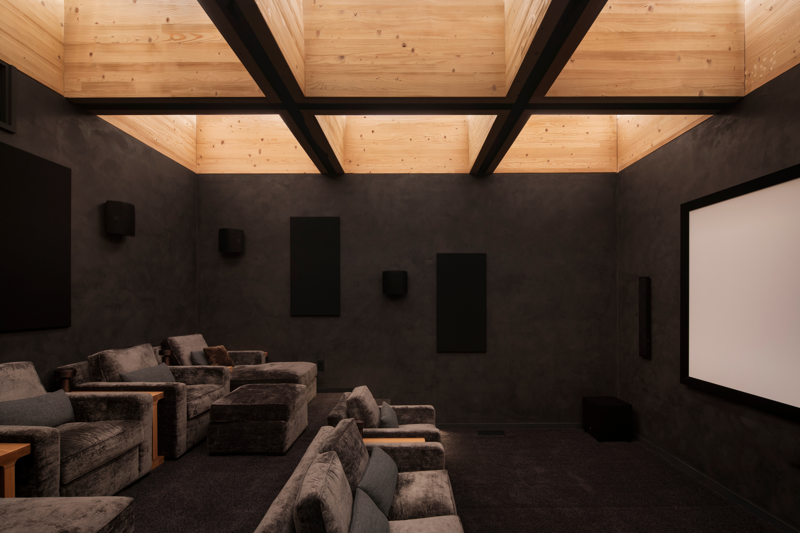 The media room, showcasing the ceiling structure used throughout the living spaces