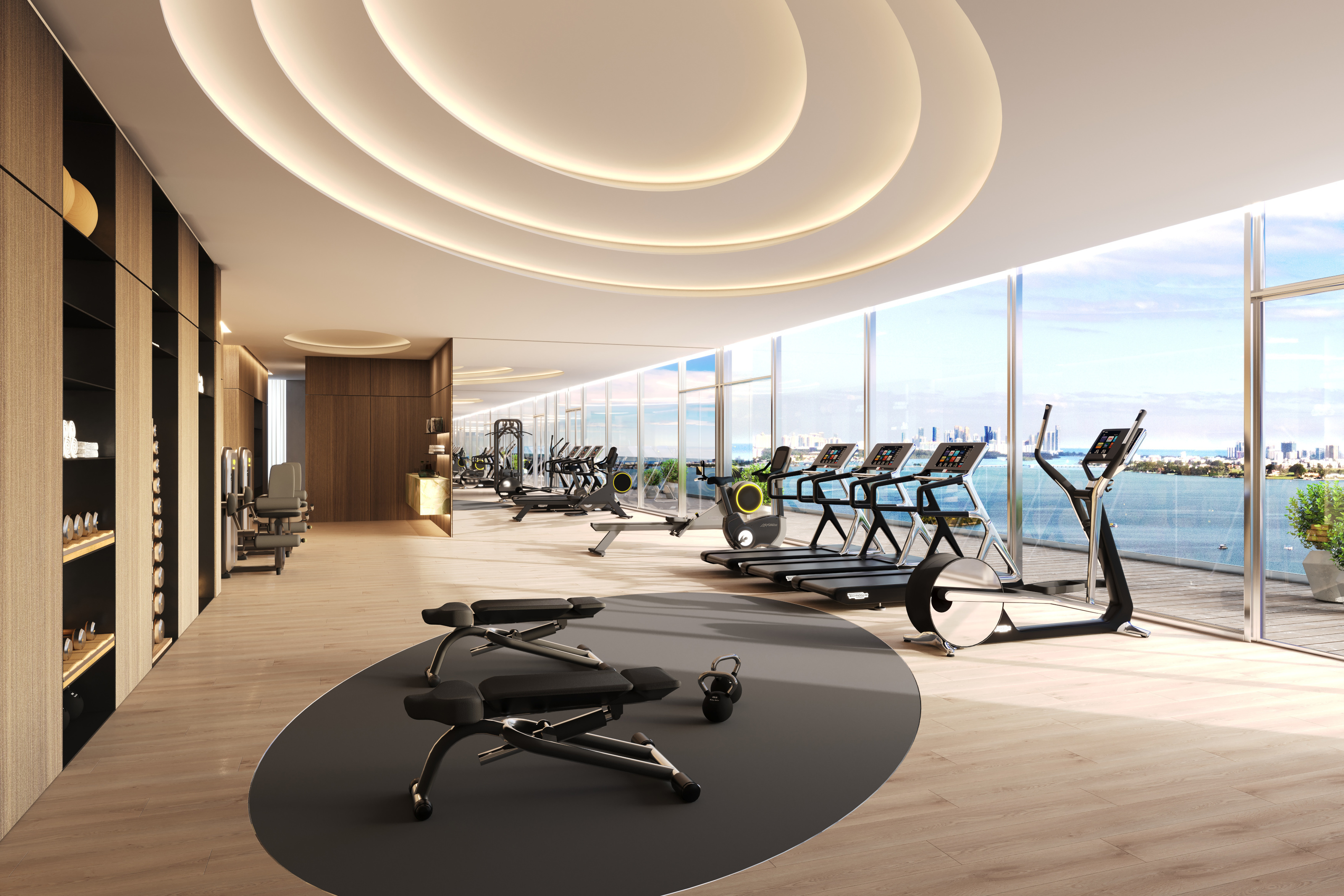 Facilities in the tower include a gymnasium with a view