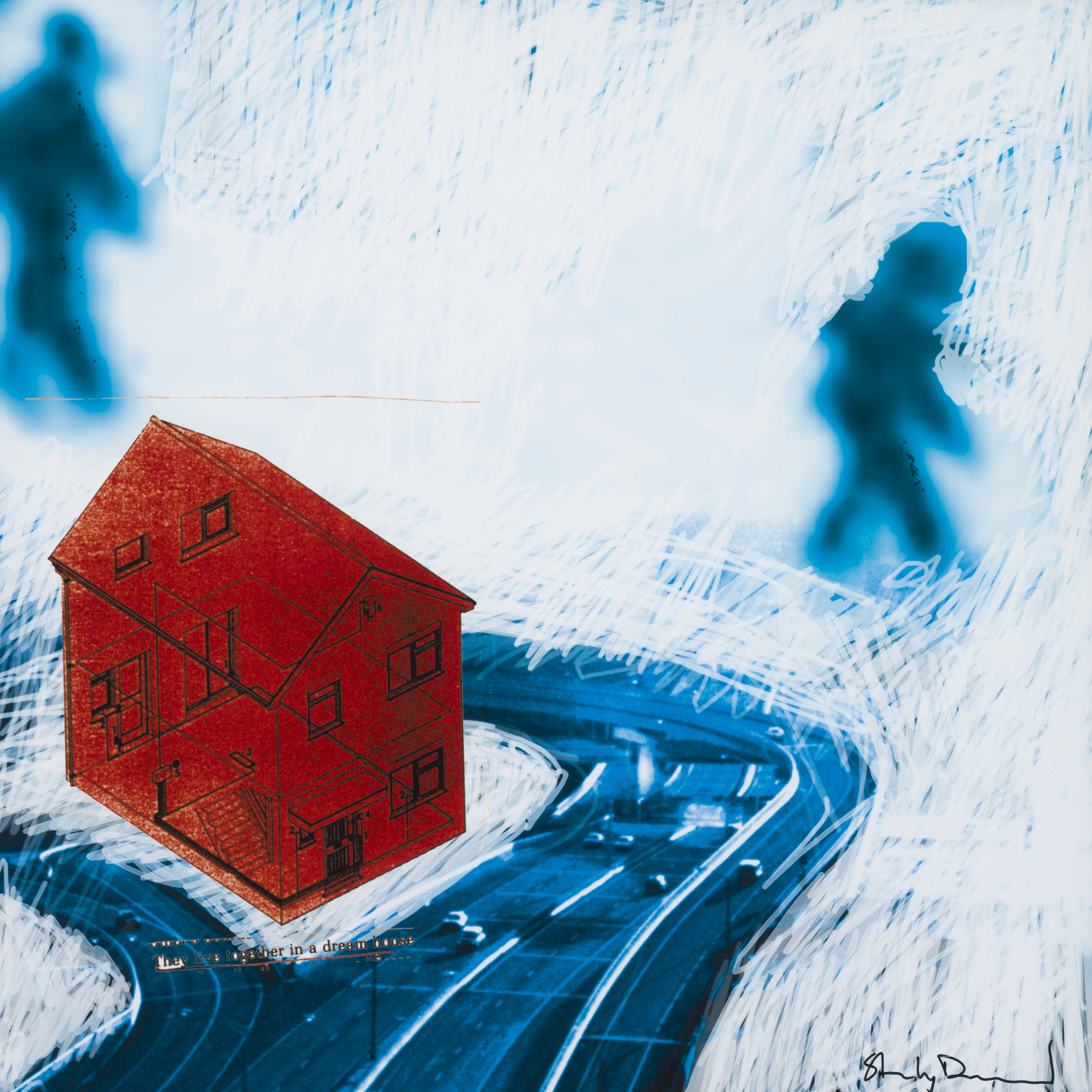 Radiohead artwork of red house and abstract figures