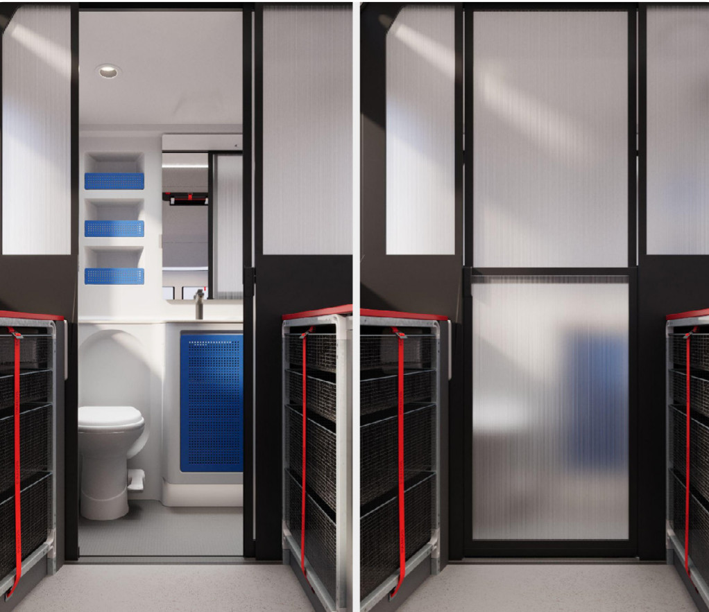 The bathroom in the Lightship AE.1 is at the rear, concealed behind a sliding translucent door