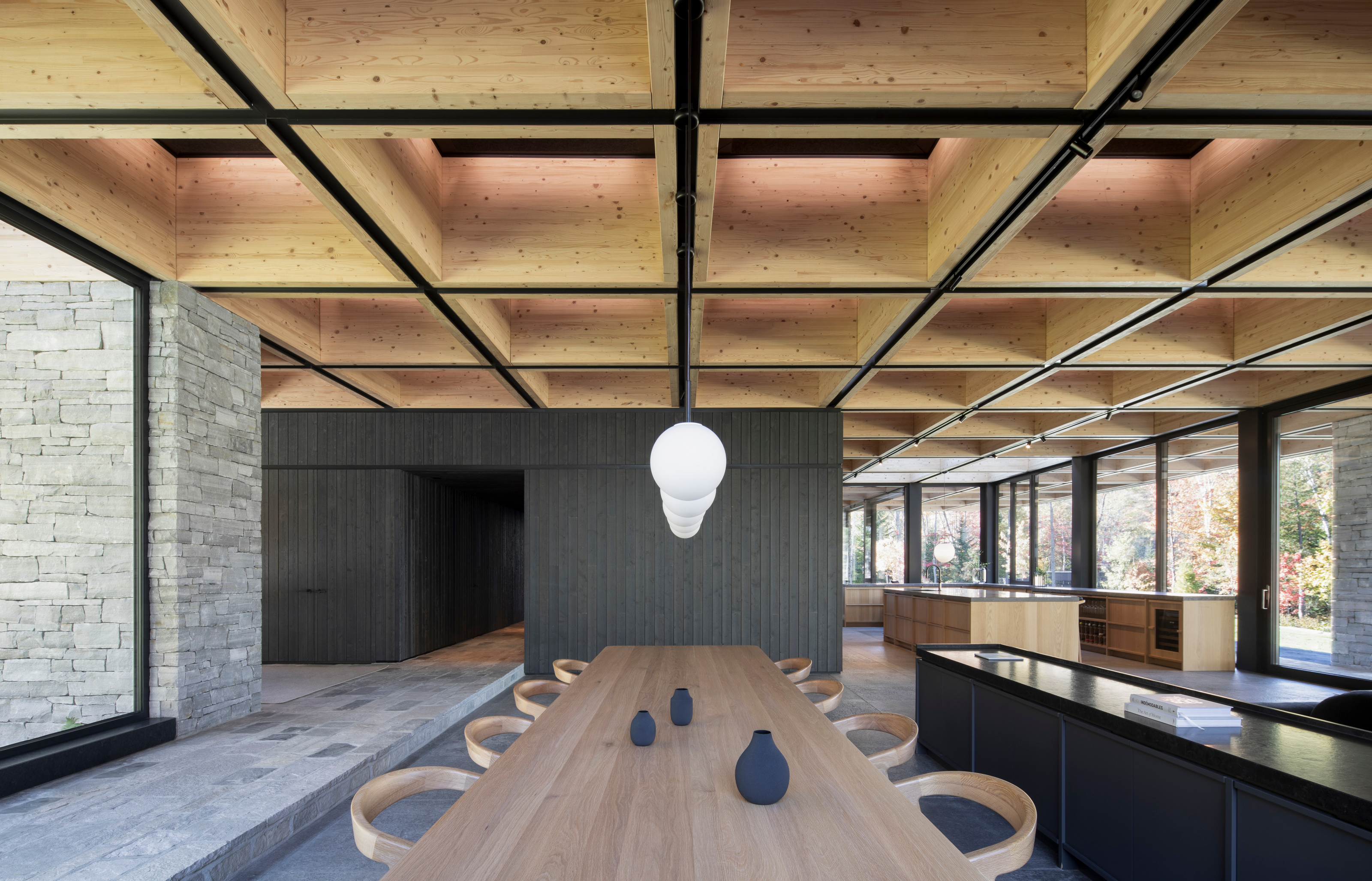 The coffers in the timber ceiling are illuminated from within
