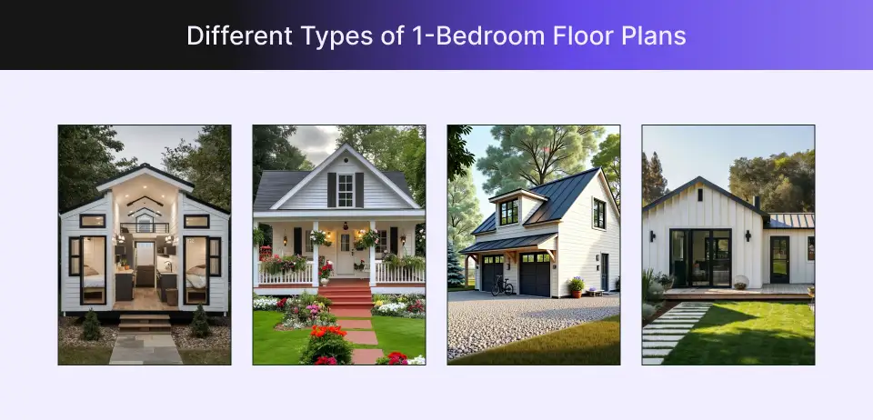 Collage showing different types of one-bedroom floor plans