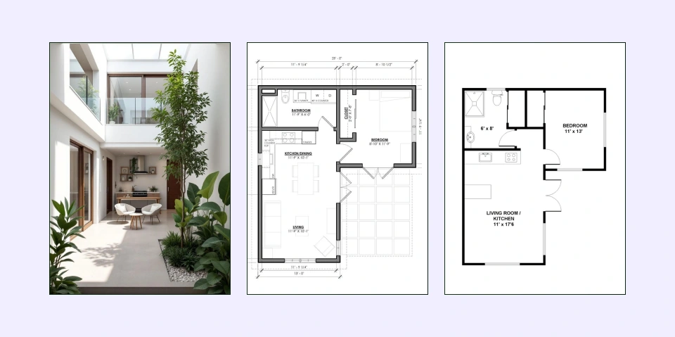 Courtyard one-bedroom house plan with outdoor central space