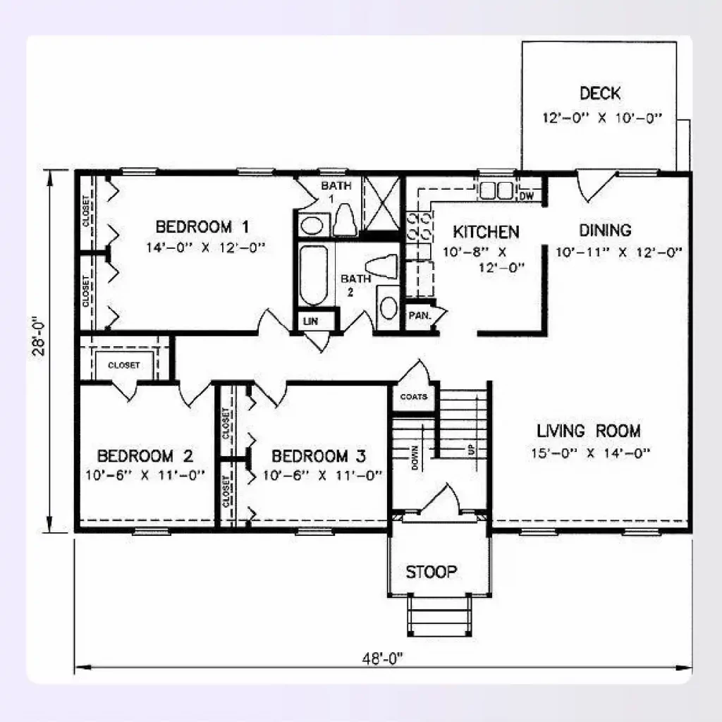 A multi-level layout of a split-level 3-bedroom home plan