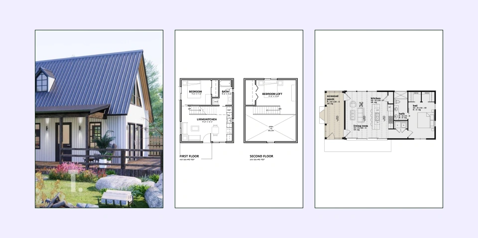 Loft-style one-bedroom plan with open ceilings and flexible use