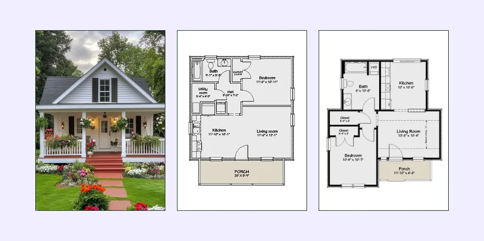 One-bedroom cottage floor plan with extended porch design