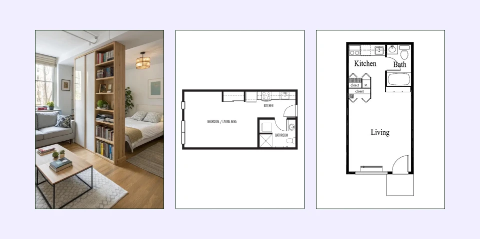 Open-concept studio one-bedroom plan with combined living spaces