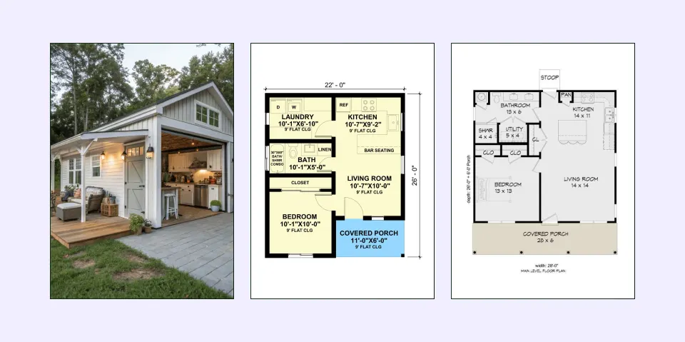 Ranch-style one-bedroom house plan with open central living area