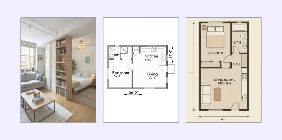 Studio-style one-bedroom floor plan with integrated living space
