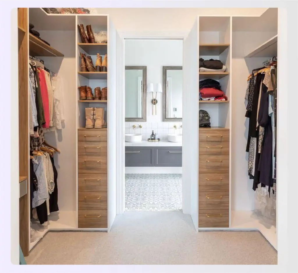 A bathroom layout connected to a walk-through closet