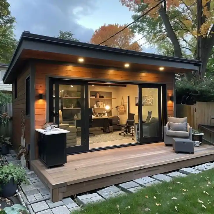 A cozy backyard home office outhouse design