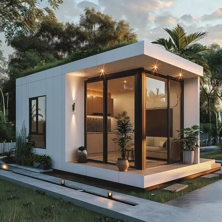 A minimalist white outhouse with a living roof