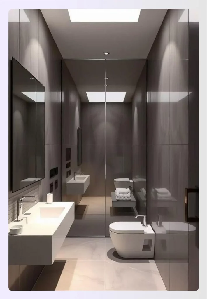 A single-wall rectangular bathroom design with sleek fixtures