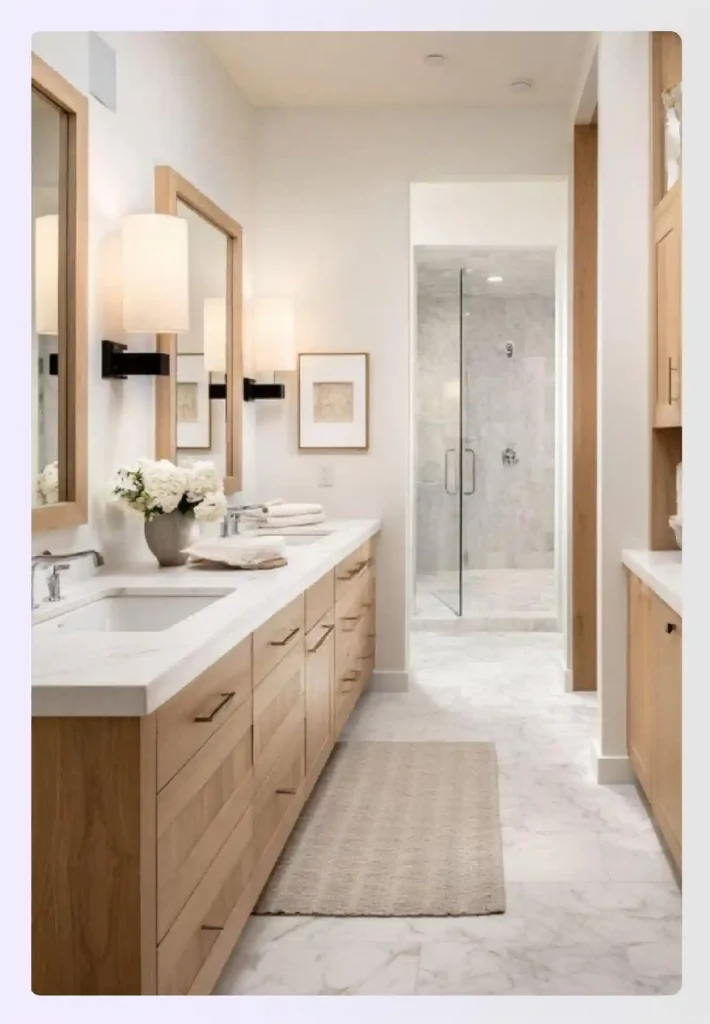 A symmetrical bathroom design with balanced dual vanities