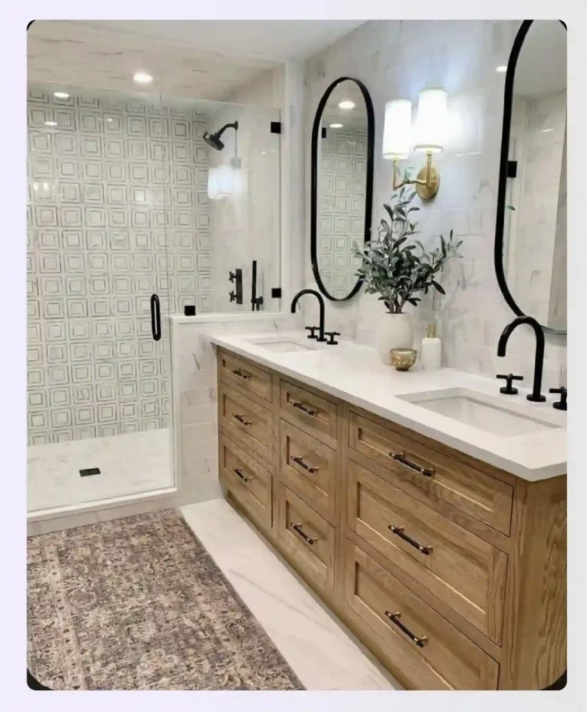A zoned master bathroom with a large double vanity