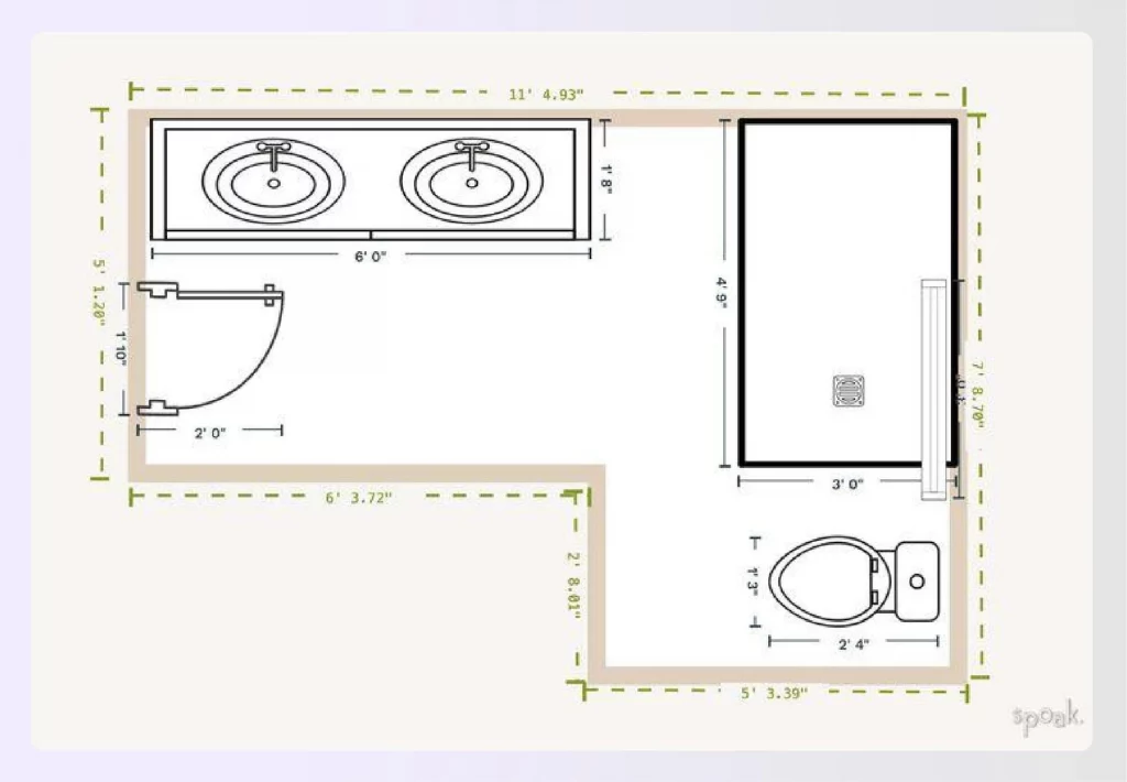 An L-shaped corner bathroom floor plan with a tub