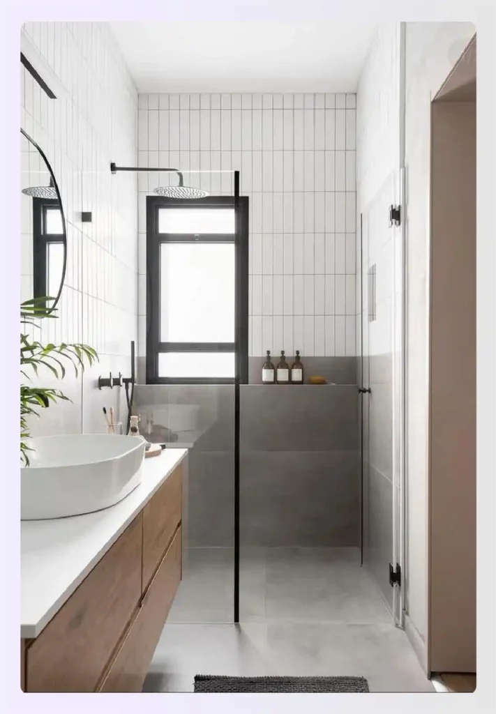 An open-concept wet room in a rectangular bathroom