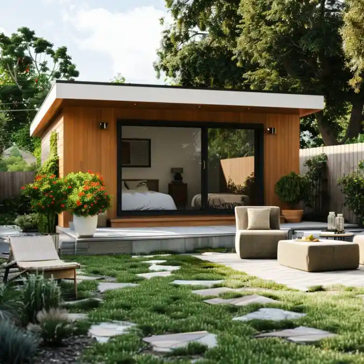 Backyard outhouse guest room with sliding glass doors