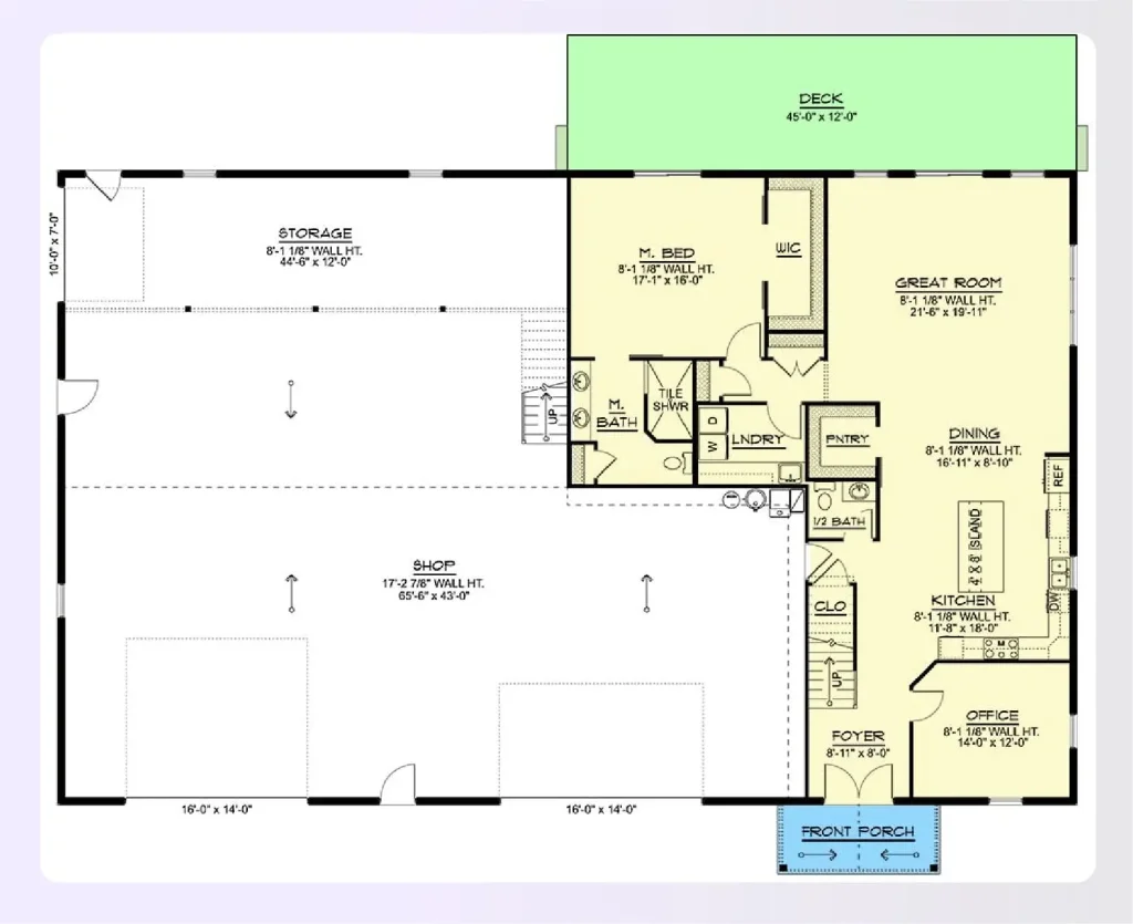 A barndominium layout showing a large shop