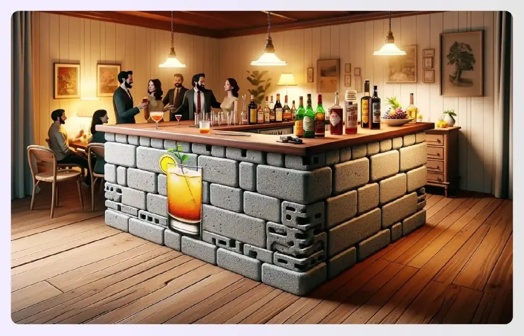 A home bar built with sturdy grey blocks