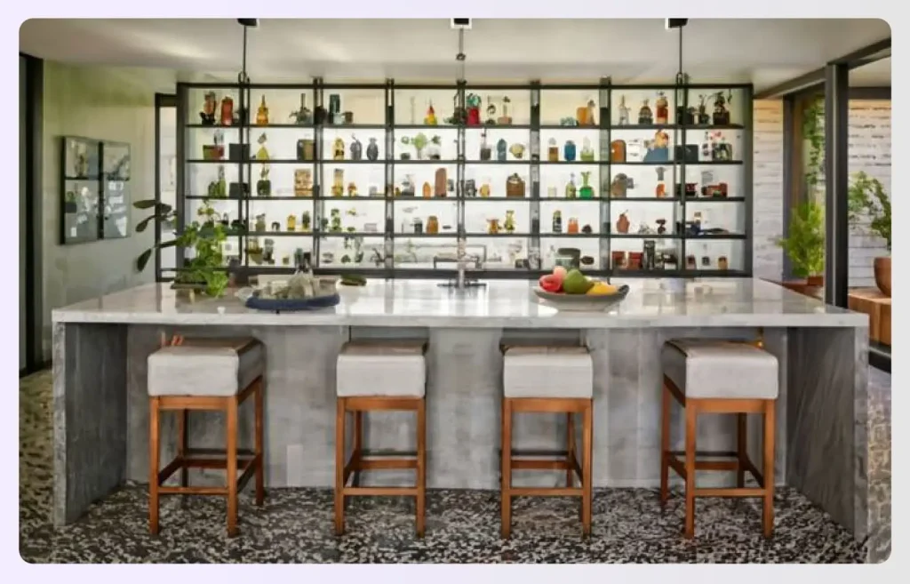 A home bar with vintage bottle collection on shelves 