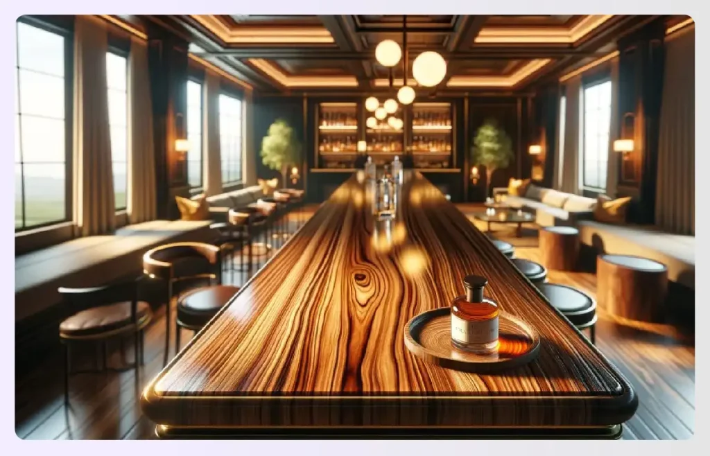 A long, elegant wood grain bar top