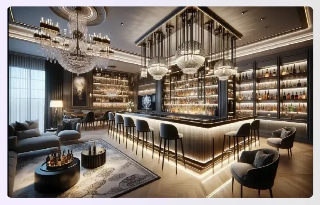 A luxurious home bar with chandeliers and LED lighting 