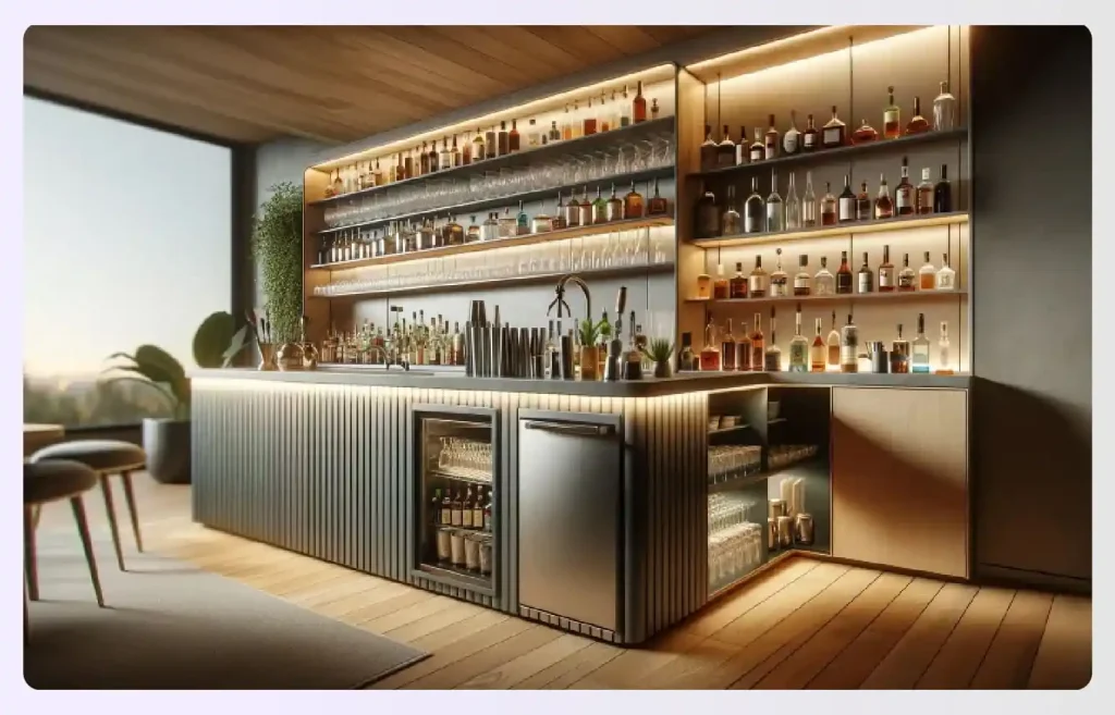 A modern home back bar with open shelves and fridges 