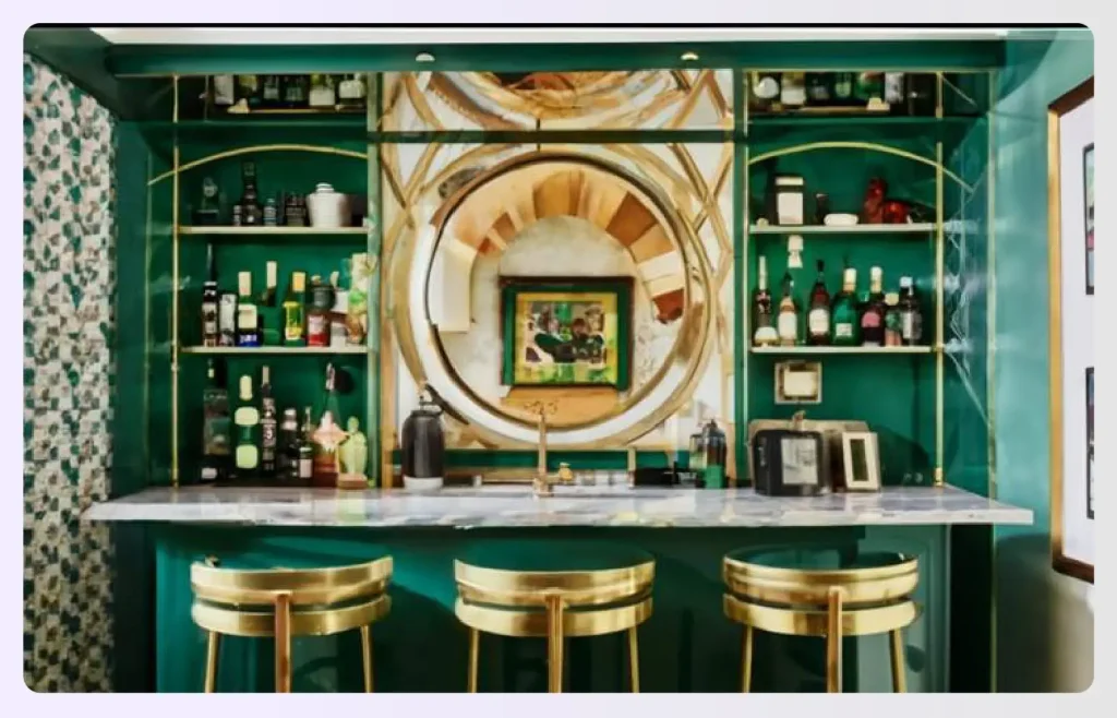 A personalized, emerald green home bar with gold accents 