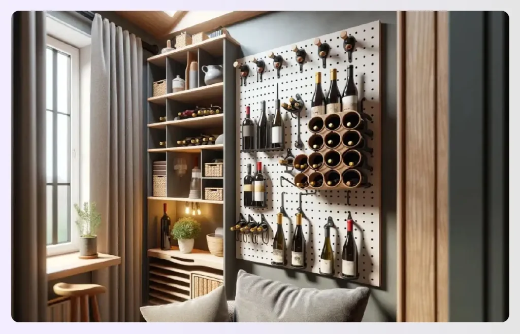  A wall-mounted pegboard and rack holding wine bottles 