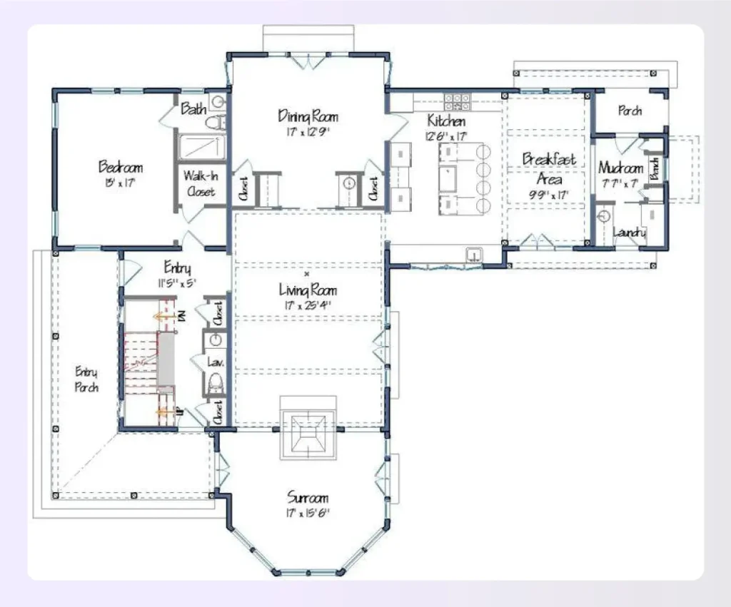 An L-shaped barndominium floor plan design
