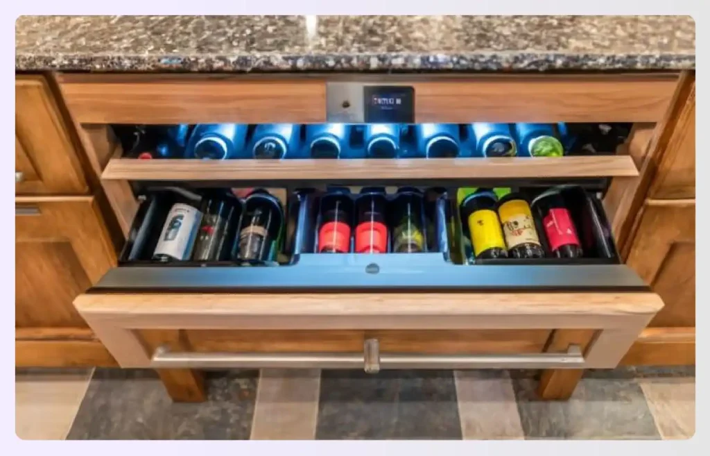 An under-counter wine cooler drawer, lit with blue LEDs