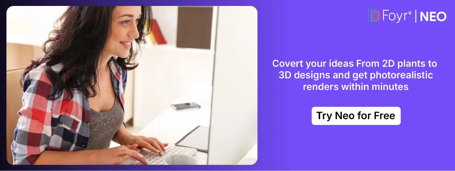 Interior designer using Foyr Neo software on a desktop